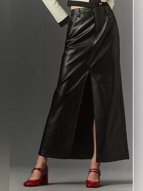Pilcro Madi Faux Leather Front Slit Maxi Skirt Black Pockets Goth Grunge Sz 14